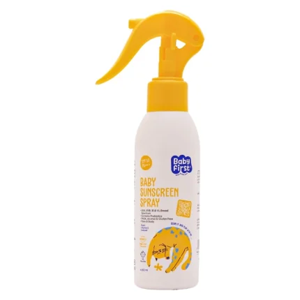 اسپری ضد آفتاب بدون رنگ بیبی فرست SPF50 مدل پری‌بیوتیک 150 میل